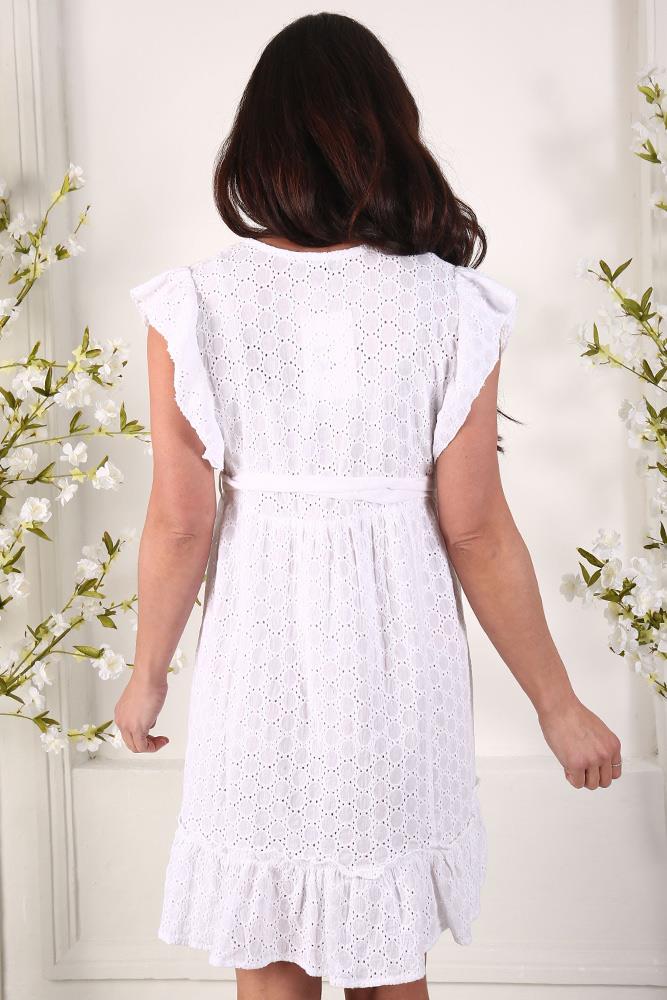 Cutwork Pattern Cotton Belted Dress