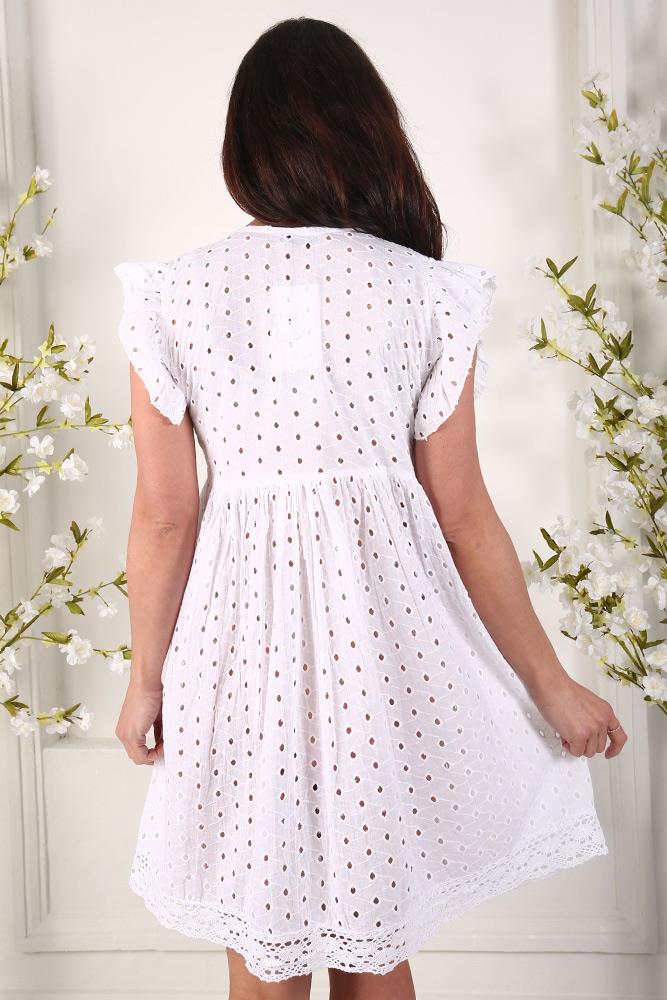 Cutwork Frill Sleeve Cotton Dress