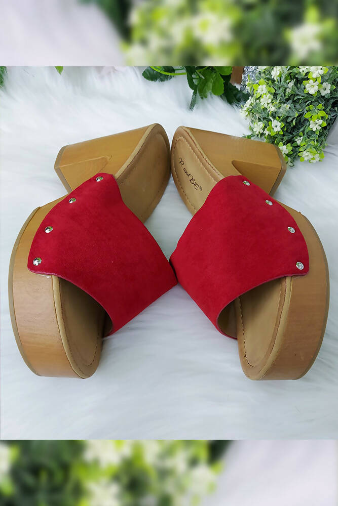Plain Suede Strap Wood Look Block Heels