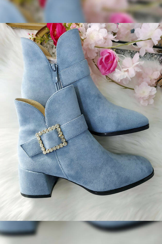 Suede Ankle Buckle Zip Heel Boots