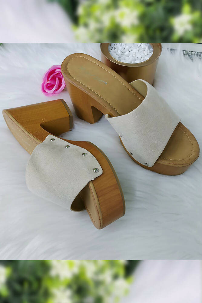 Plain Suede Strap Wood Look Block Heels