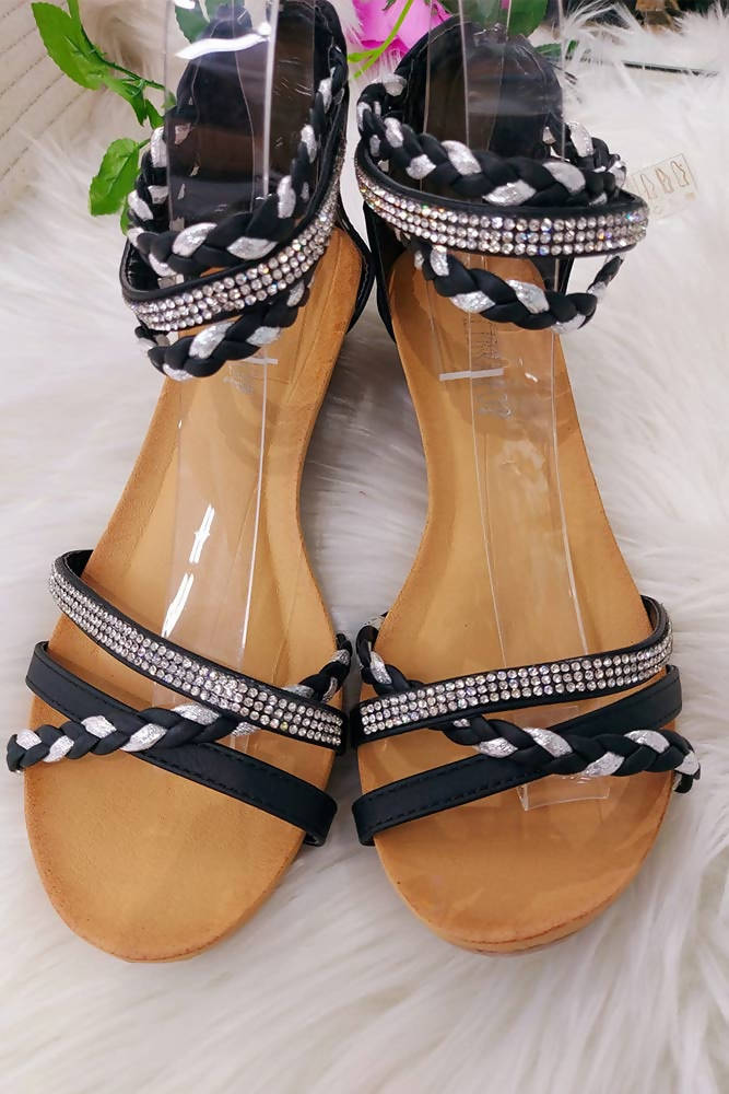 Wedge Heel Ankle Diamante Plait Straps Sandal