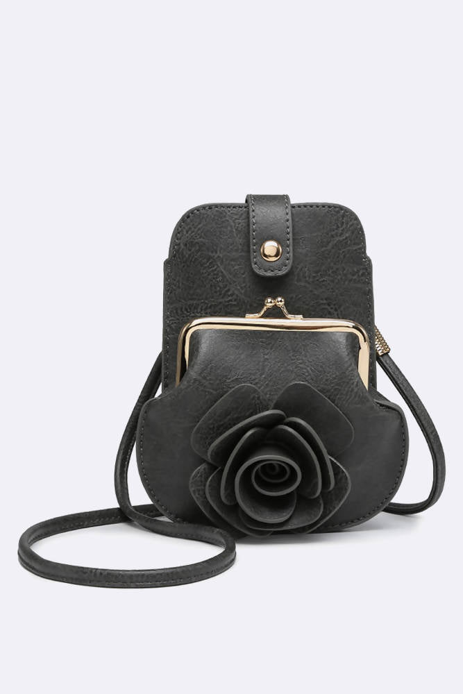 Side Rose purse button opening cross body bag