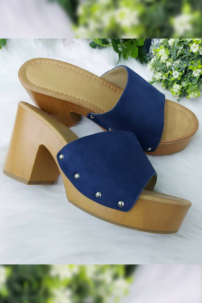 Plain Suede Strap Wood Look Block Heels