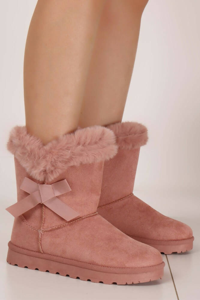 Suede Side Bow Faux Fur Lined Winter Boots