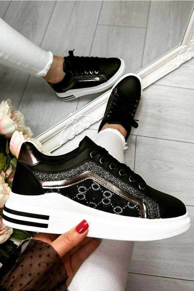 Monogram Patterned With Glitter Detail Trainers