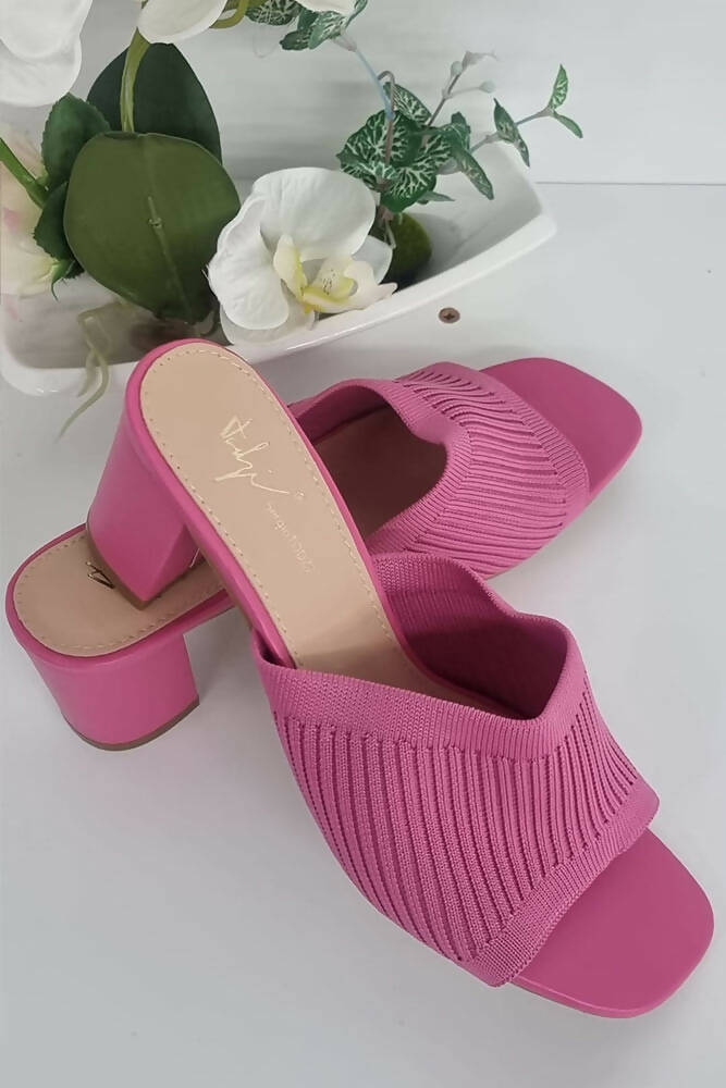 Ribbed Knit Strap Block Heel Mules