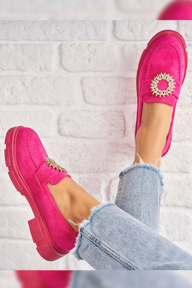 Diamante Round Buckle Suede Chunky Loafers Shoes