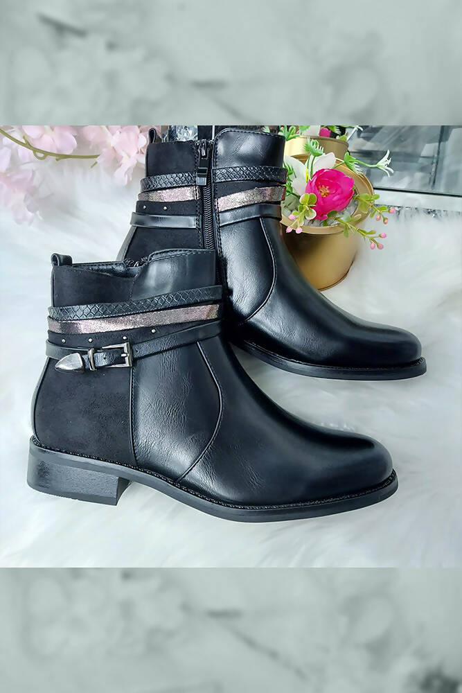 Faux Leather Look Buckle Chain Ankle Style Boot