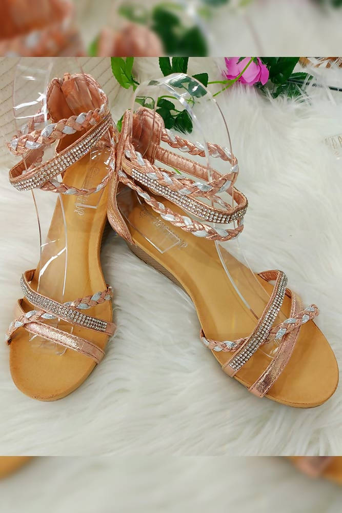 Wedge Heel Ankle Diamante Plait Straps Sandal