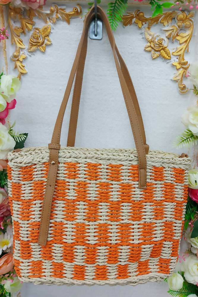 Tartan Jute Crochet Tote Handle Crossbody Bag