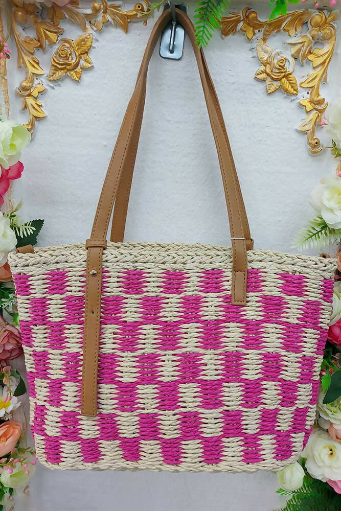 Tartan Jute Crochet Tote Handle Crossbody Bag
