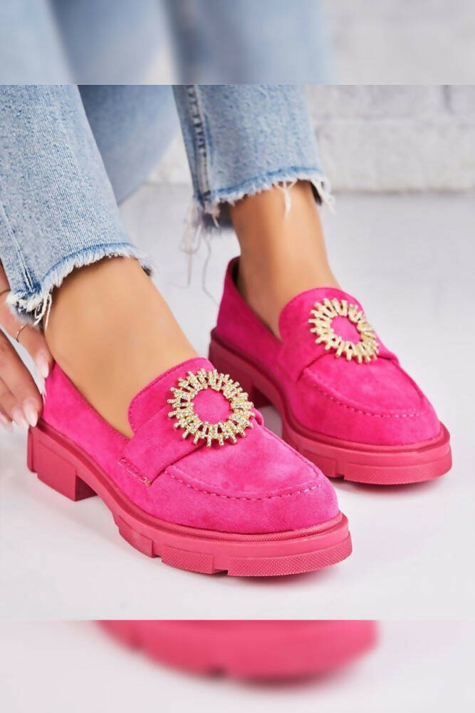 Diamante Round Buckle Suede Chunky Loafers Shoes