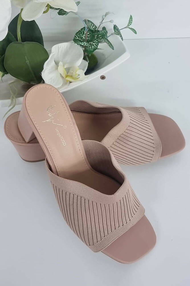 Ribbed Knit Strap Block Heel Mules
