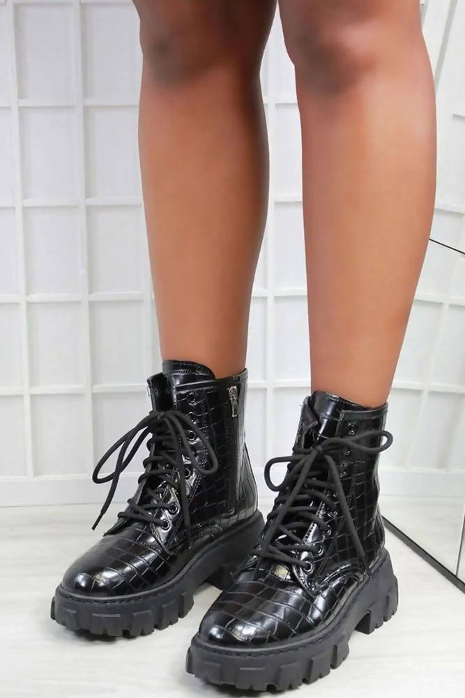 Chunky Faux Croc Laced Boots
