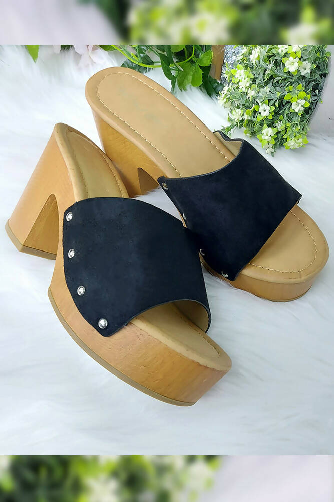 Plain Suede Strap Wood Look Block Heels