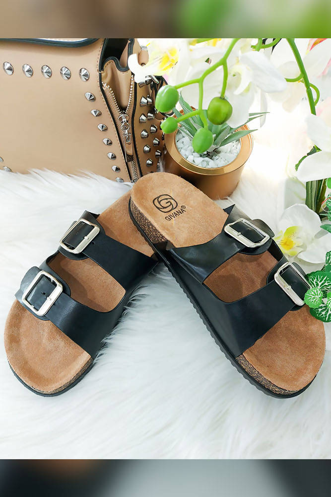 Two Strap Buckle Faux Leather Sandal